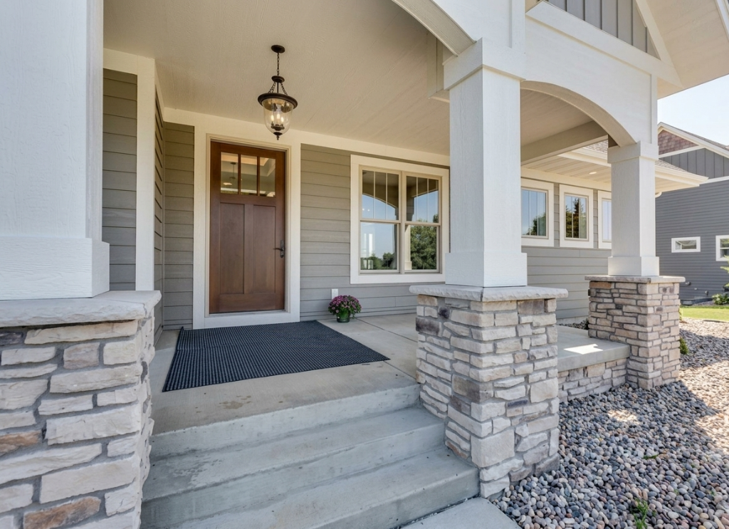 Concrete front porch with steps and stone column accents